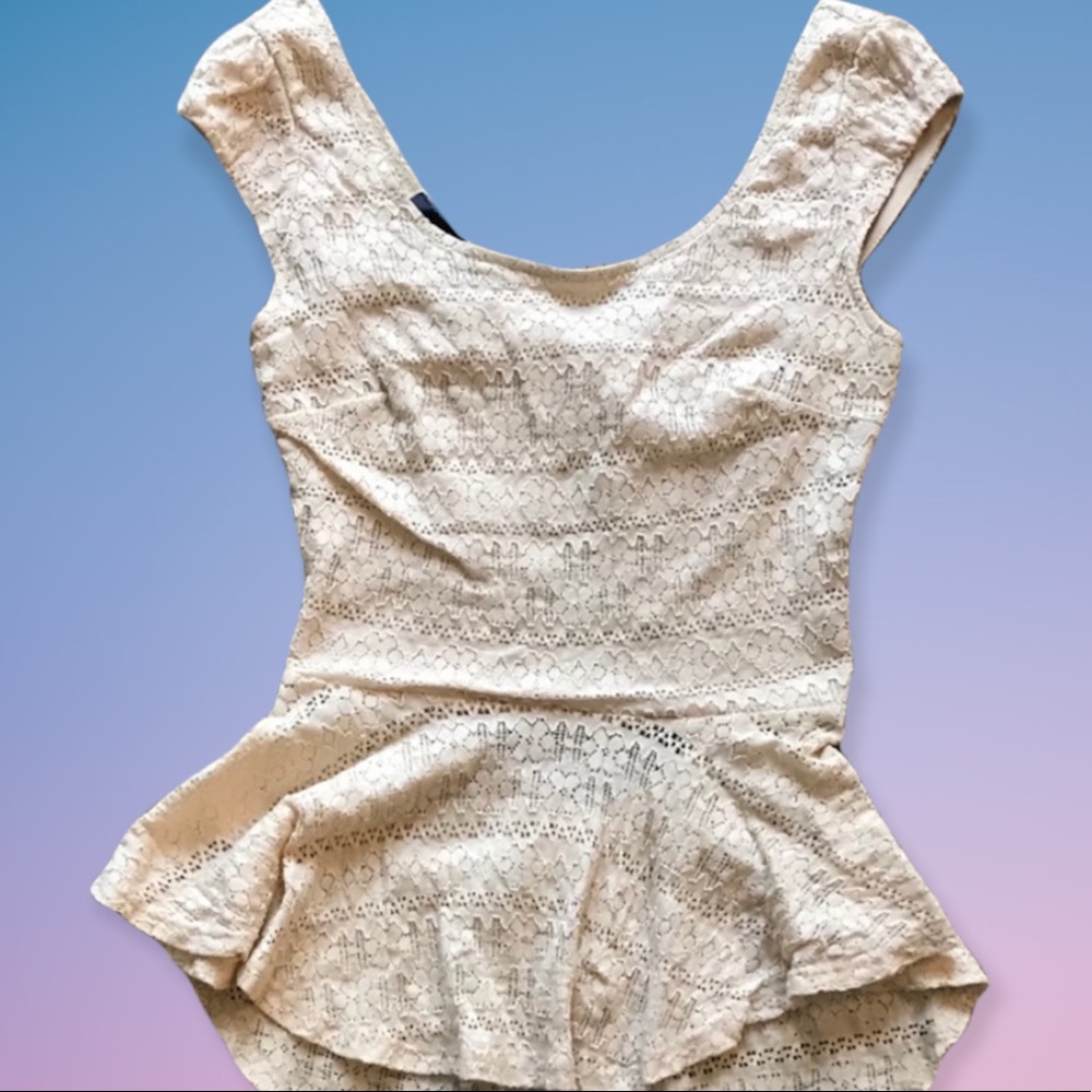 Blue rain cream lace pattern peplum top with cutout back